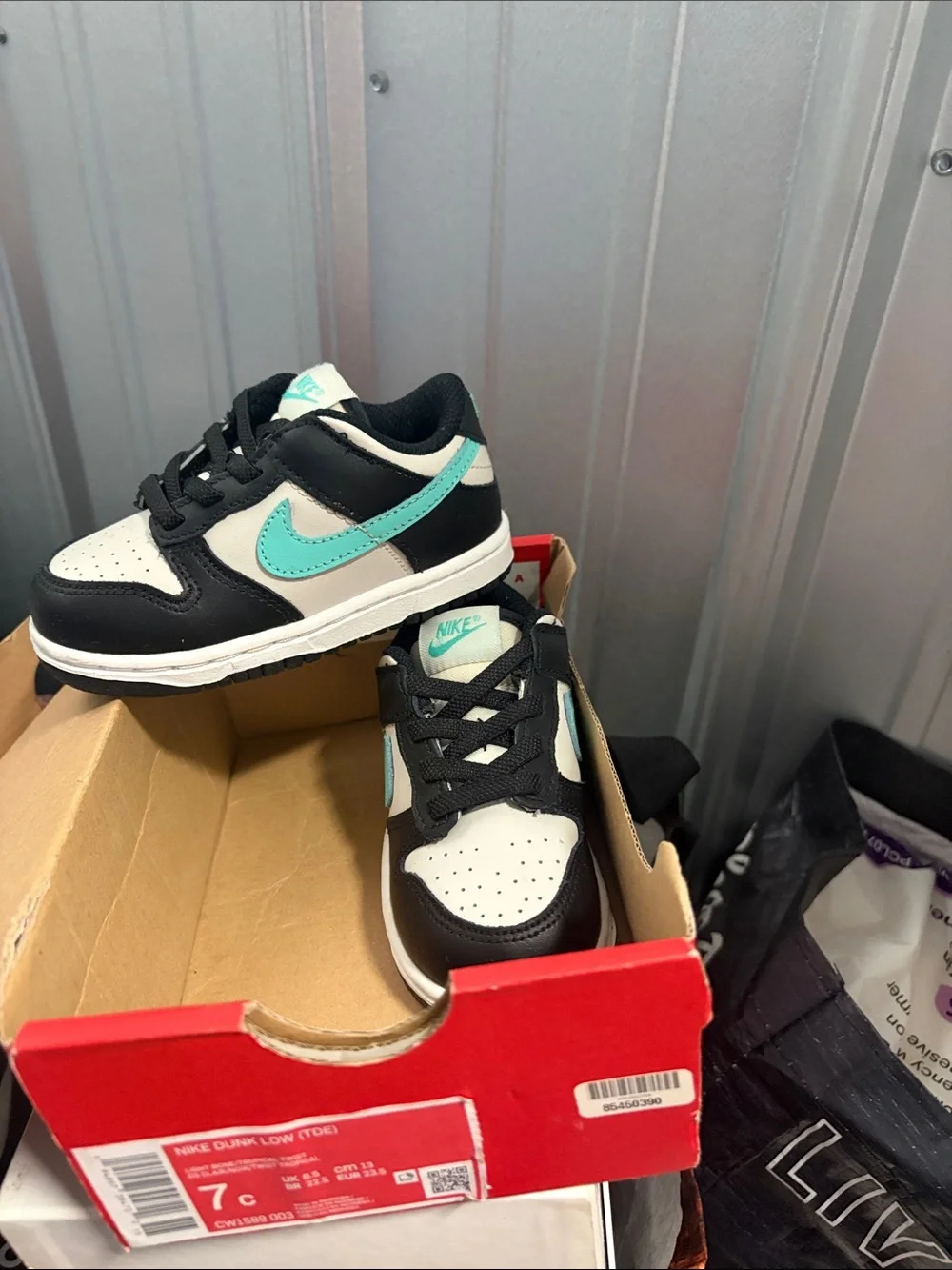Nike Kids Black White Sneakers with Teal Swoosh